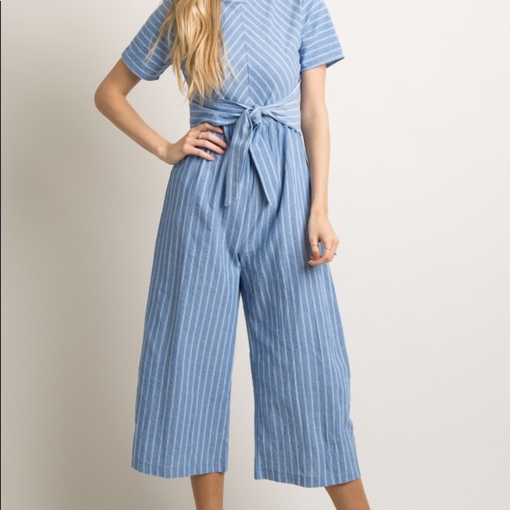 Blue Pinstriped Tie Front Jumpsuit